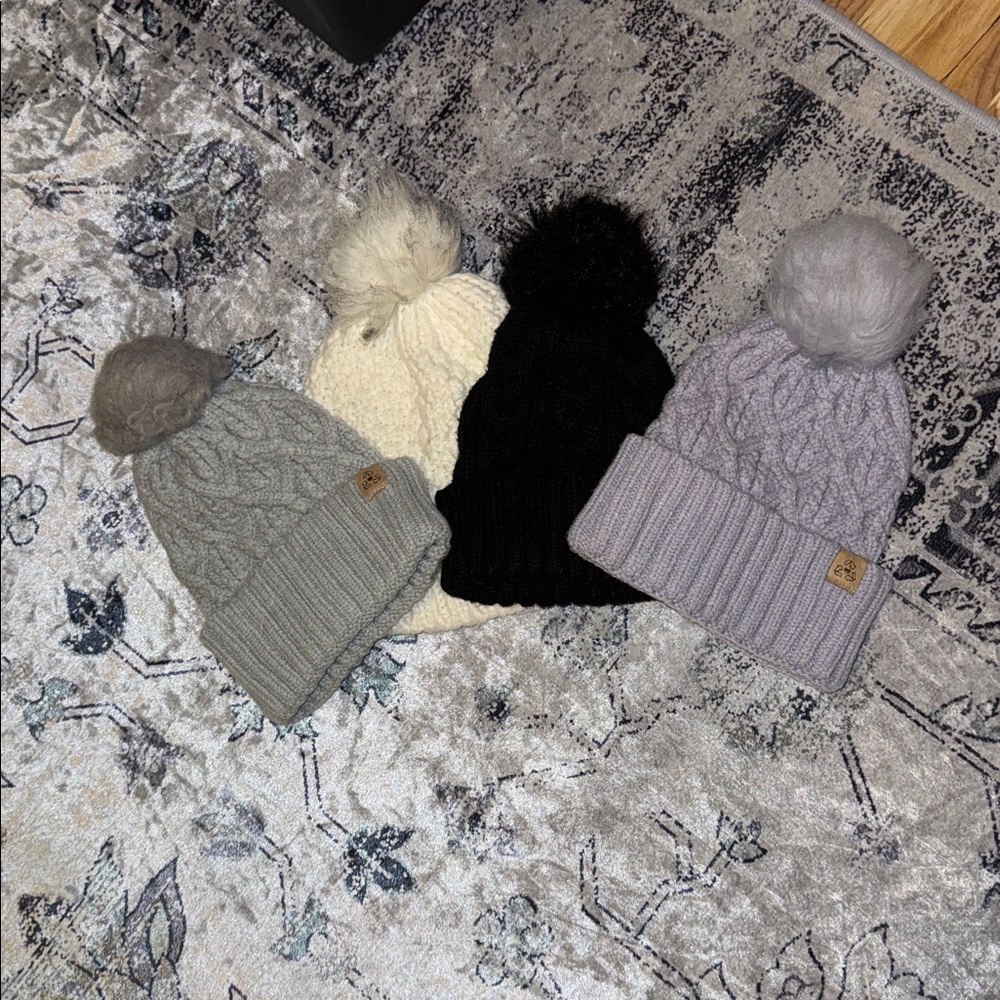 Cozy Pom-Pom Beanie Set - Black, Cream, gray and lilac